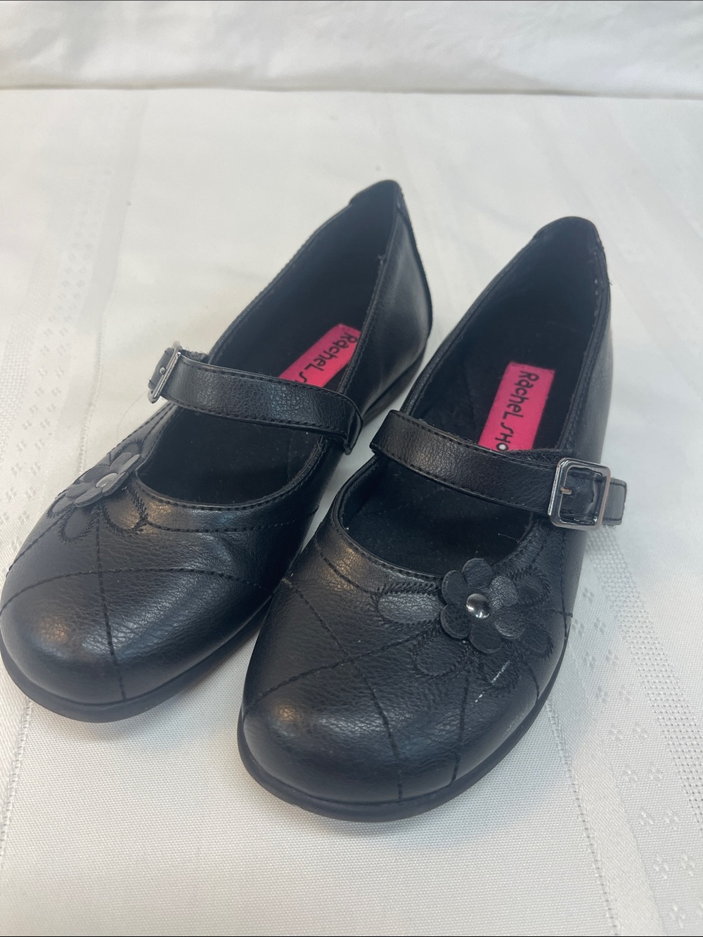 Rachel Shoes Black Mary Jane Dress Flats with Flower Accent sz 13